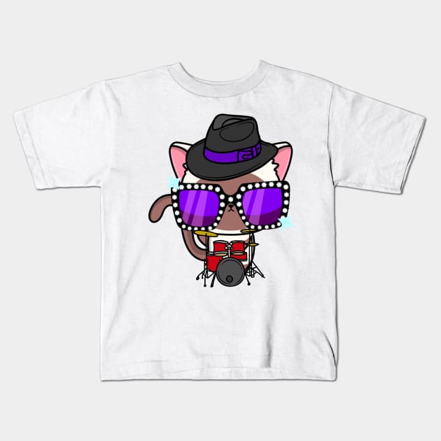 Cute White Cat jamming on the drums Kids T-Shirt by Pet Station